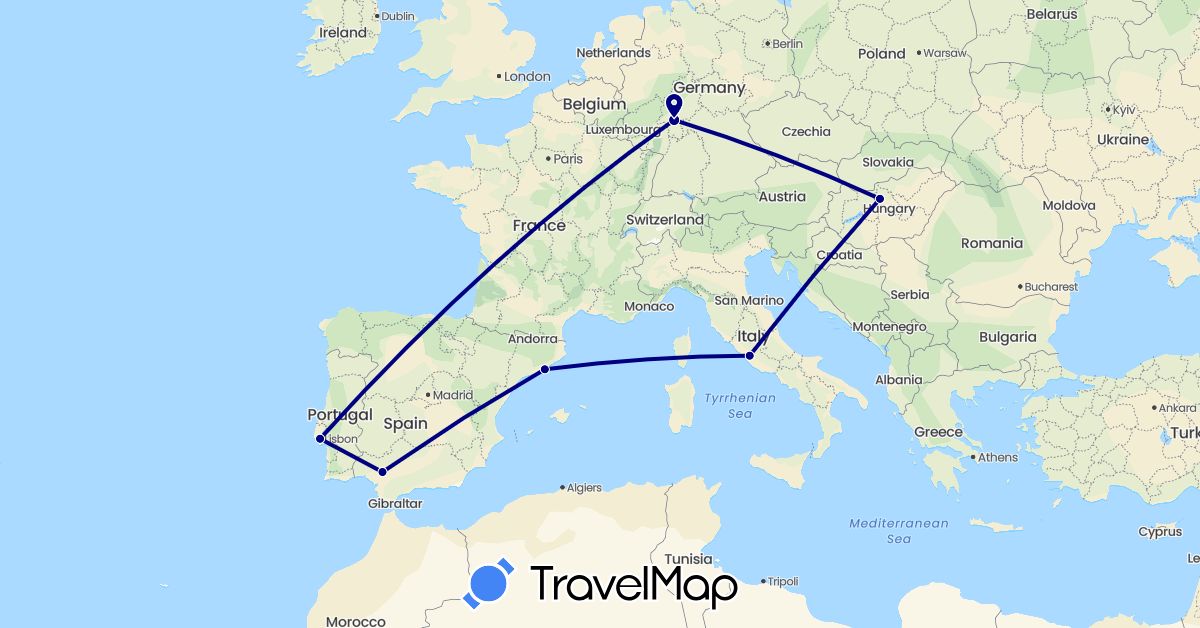 TravelMap itinerary: driving in Germany, Spain, Hungary, Italy, Portugal (Europe)